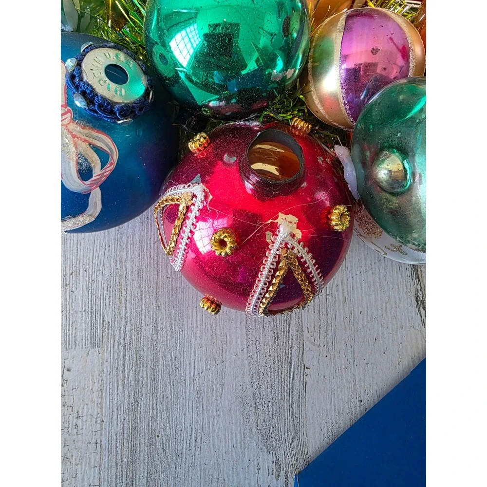 Antique vintage glass ornament wreath pixie knee hugger Santa Xmas hanging decor